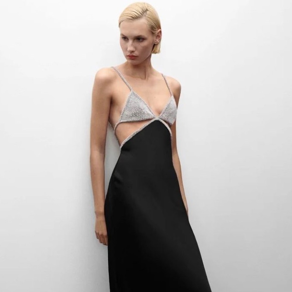 Mango x Jen Ceballos Black Satin Dress With Rhinestone Bralet Bodice size XS / 2 - Picture 7 of 16